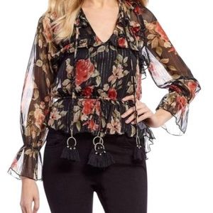 Chelsea & Violet black floral metallic top blouse XS
